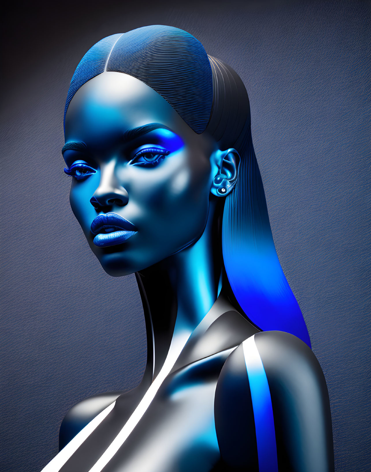 Blue-skinned woman portrait with striking eyes and sleek hair on dark background