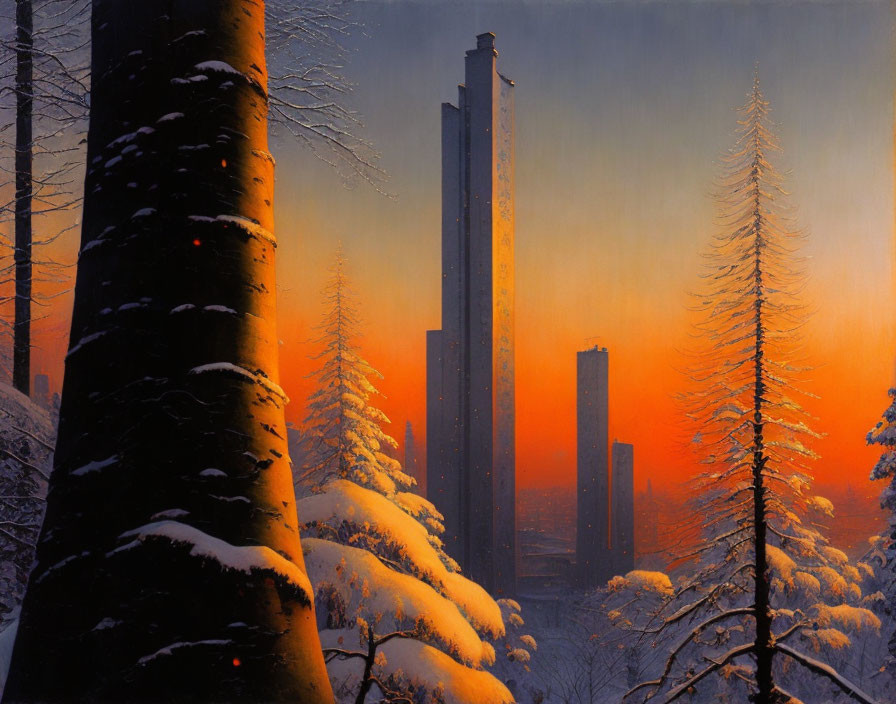 Snowy forest and futuristic towers in an orange dusk sky.