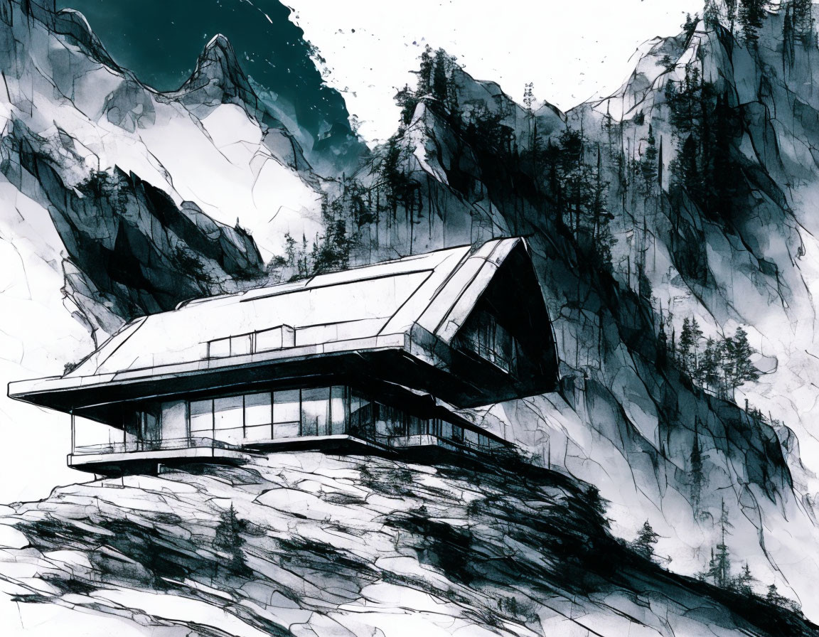 Modern house on cliff with mountains in black and white