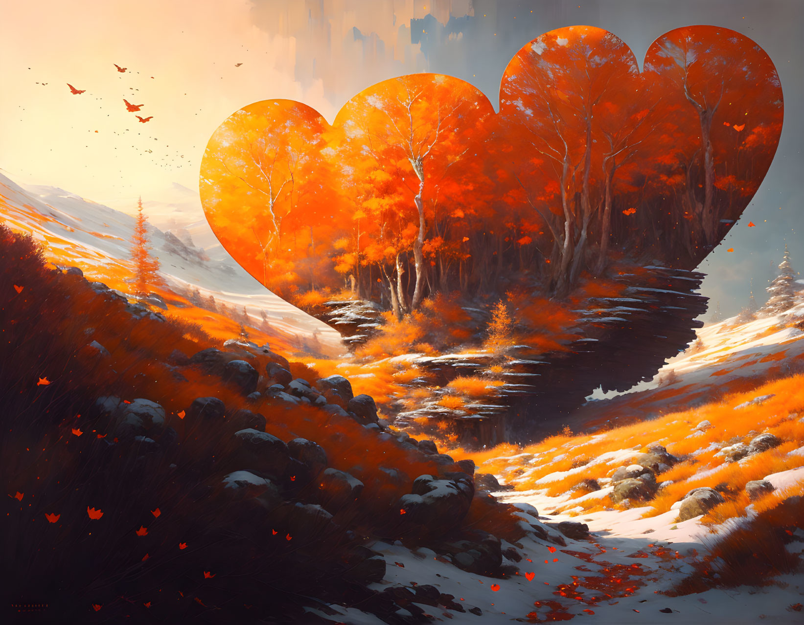 Surreal landscape with heart-shaped trees in snowy field