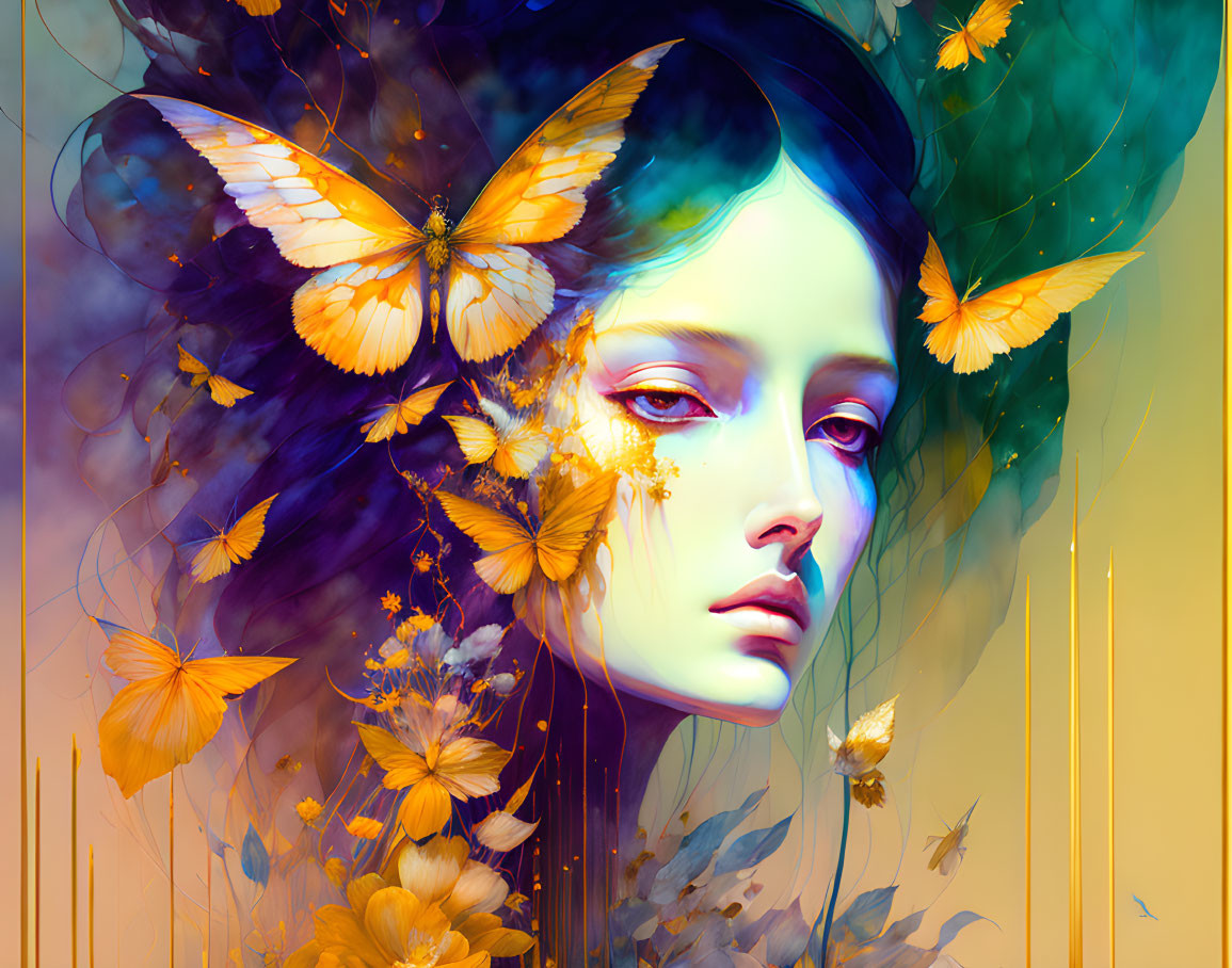 Surreal portrait of woman with butterflies and vibrant floral motif against golden backdrop