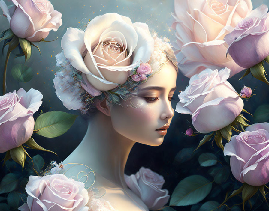 Woman with Roses in Hair Surrounded by Blooming Flowers
