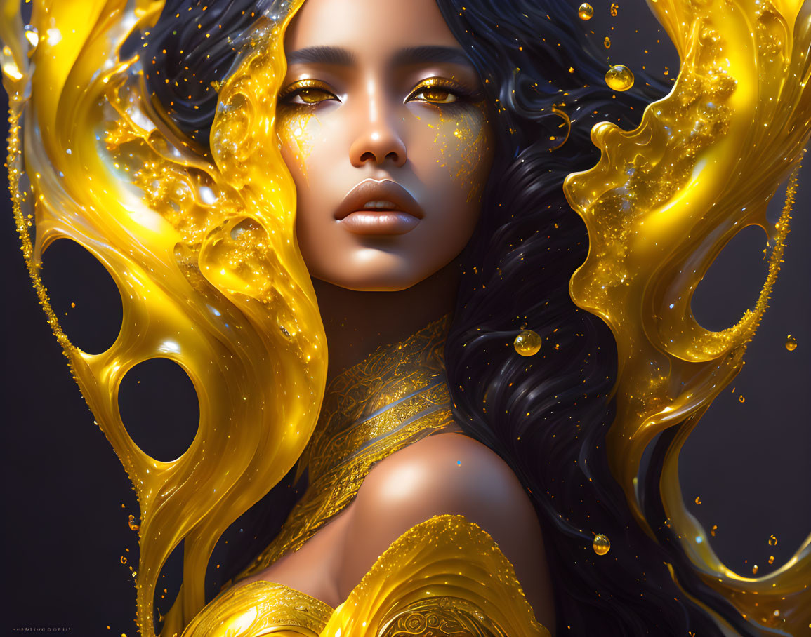 Digital artwork: Woman with dark hair and golden swirls, sparkling accents, embellished garment