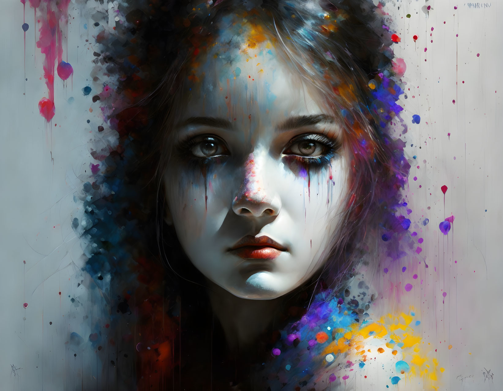 Colorful digital painting of a girl's face with splattered paint drops.