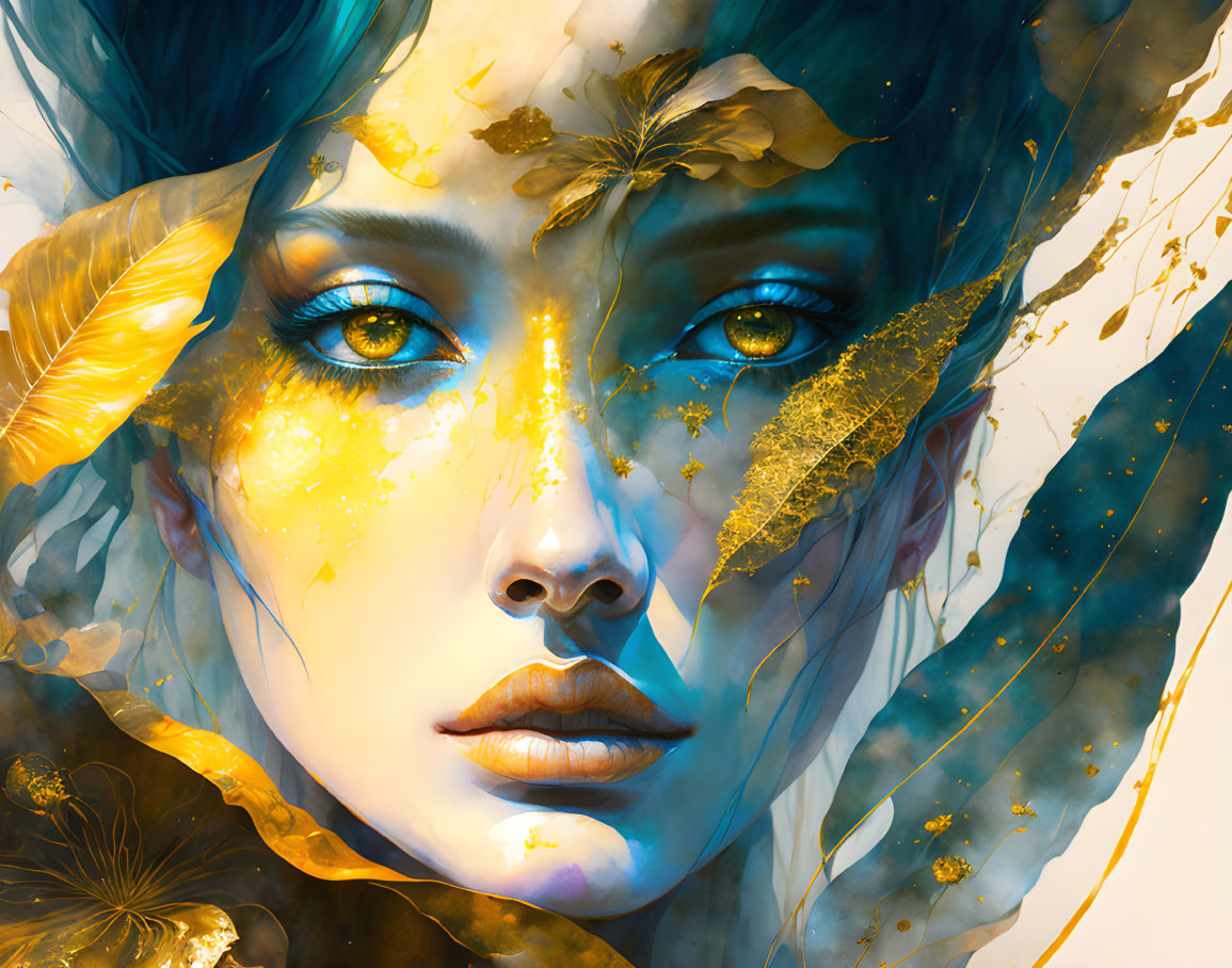 Artistic depiction of woman with blue eyes and golden leaves, embodying mystical autumn vibes.