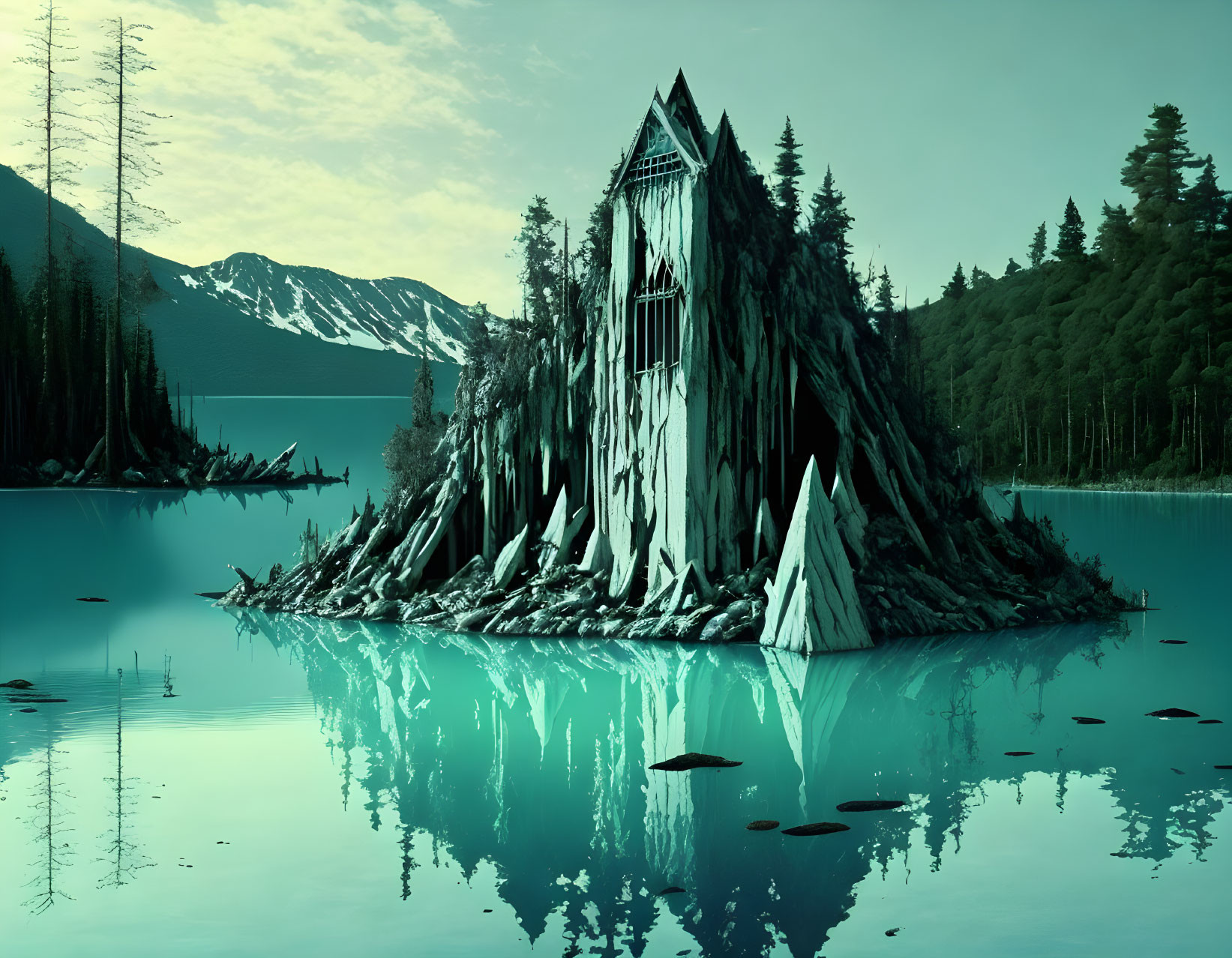 Crystal House on Forested Island Reflected in Blue Waters