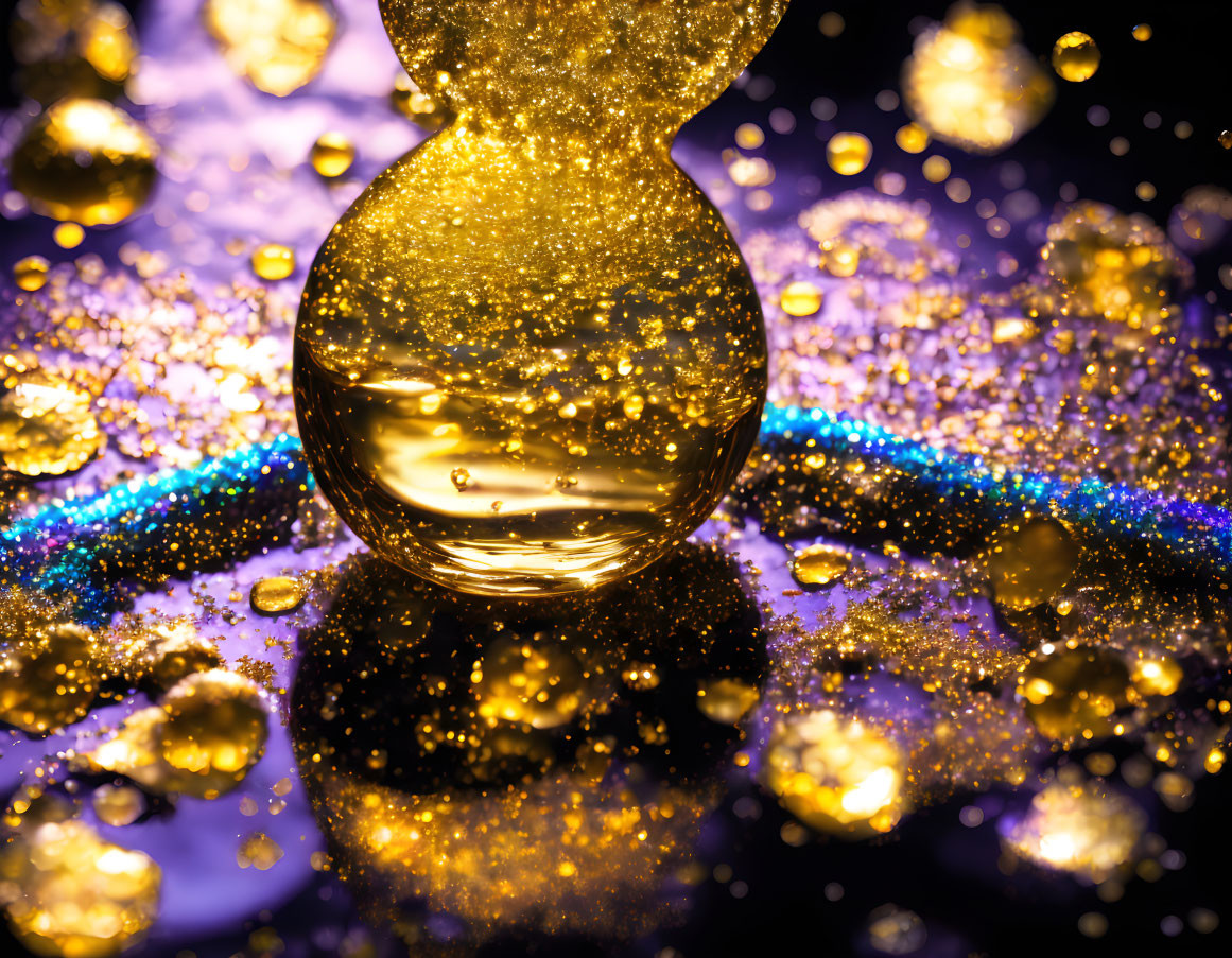 Golden glitter sphere with rainbow bokeh effect on dark surface