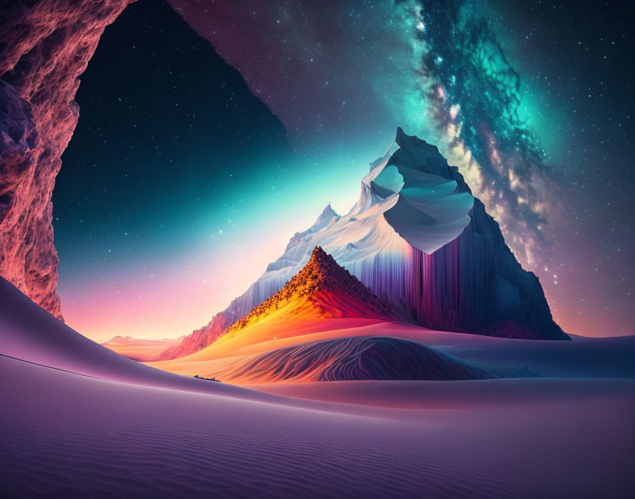 Surreal landscape with snow-capped mountain peak and starry sky gradients