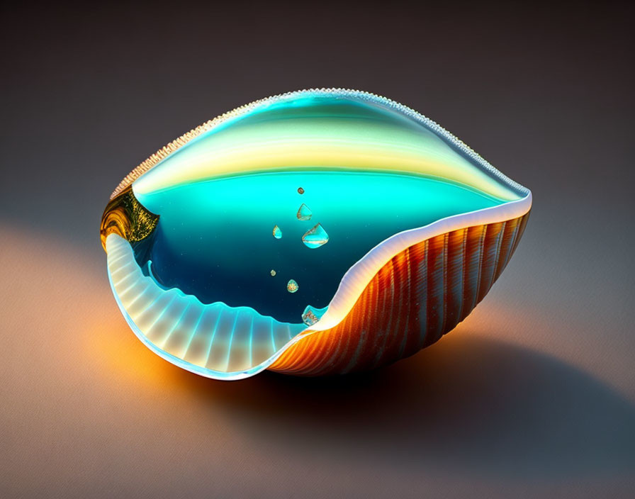 Digitally rendered seashell with glossy pearlescent interior and water droplets.