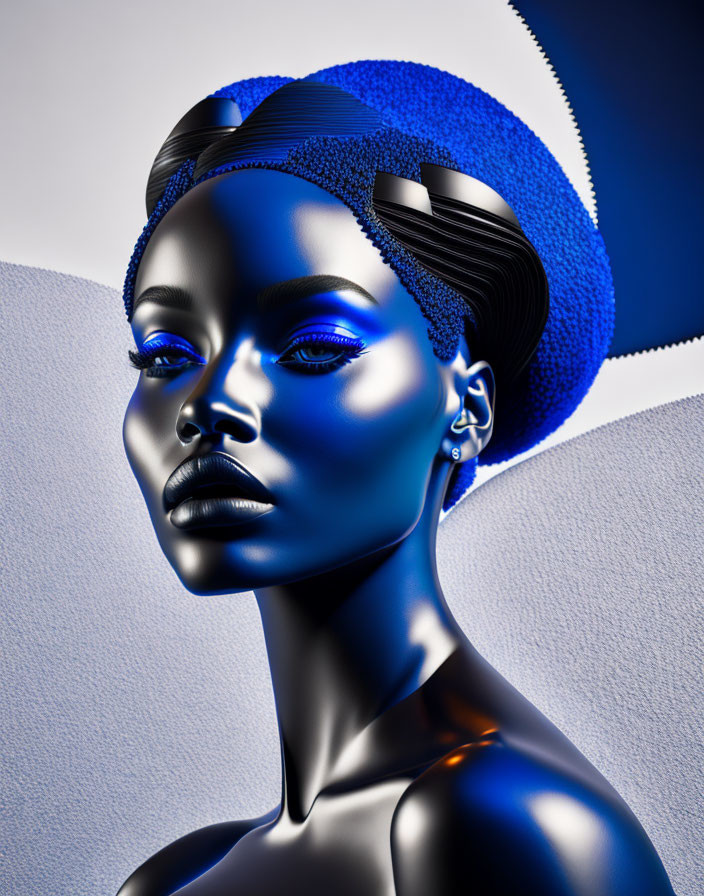 Blue-skinned female figure in abstract digital art with blue hat on two-tone backdrop