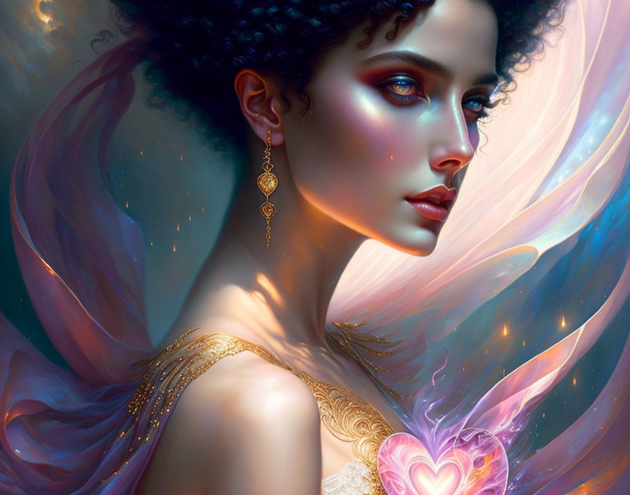 Digital artwork: Woman with curly hair, blue eyes, golden jewelry, glowing heart, mystical backdrop