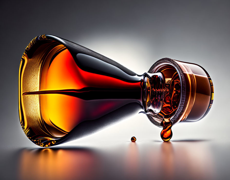 Whiskey glass overturned, liquid splashing on gradient background