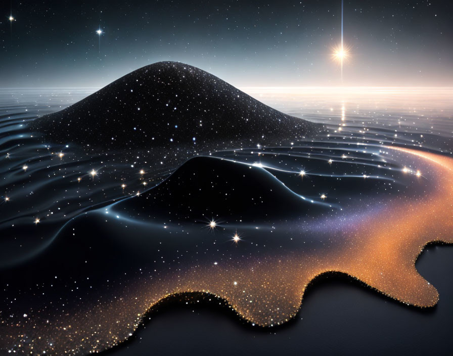 Starry Hills Landscape: Tranquil Sea & Night Sky