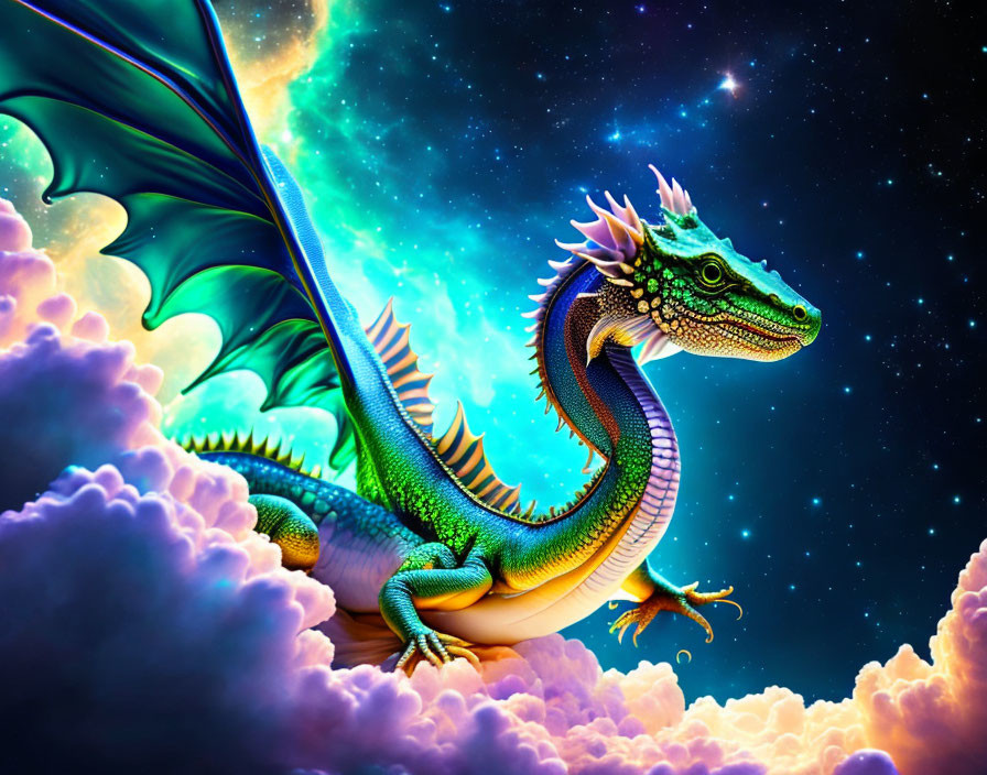 Colorful Dragon on Clouds in Starry Sky