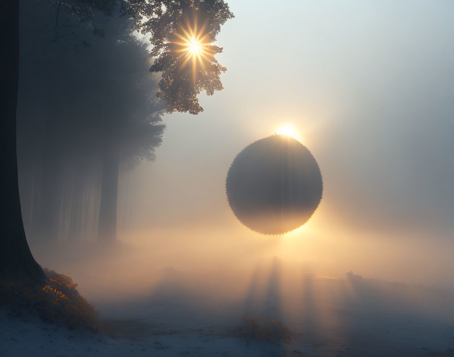 Foggy forest with sunlight and reflective sphere in mystical atmosphere