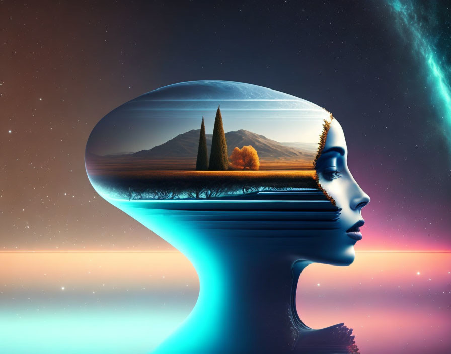 Surreal female profile art with landscape head under starry sky