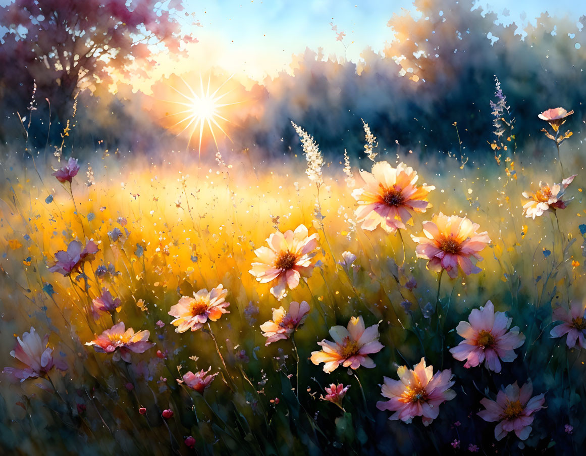 Vibrant flowers in picturesque sunset field with sunlight rays and misty trees