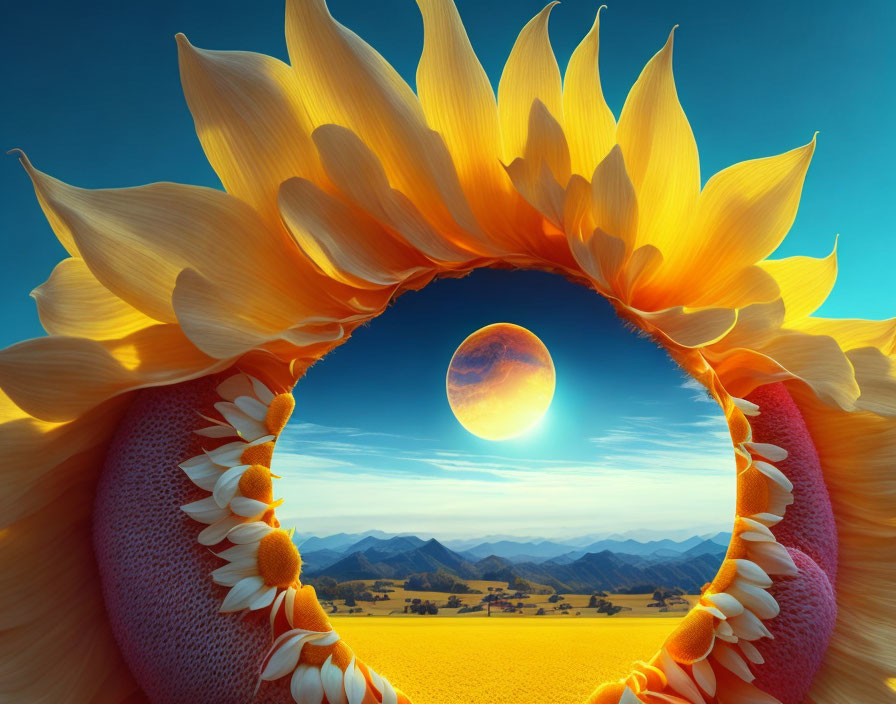 Digital artwork: Sunflower petal circle frames fantasy landscape