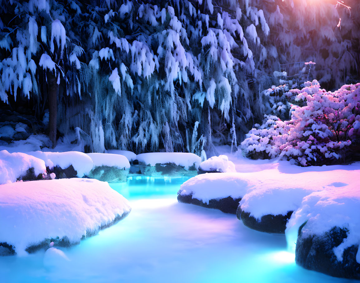 Snow-covered rocks in glowing blue stream with frosted trees under twilight sky