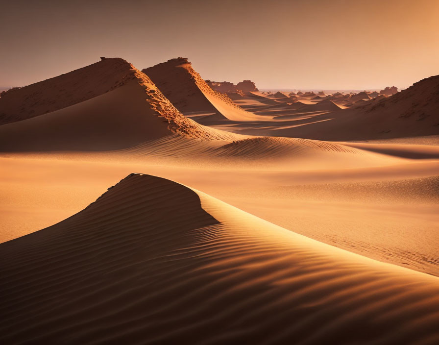 Picturesque golden sand dunes under warm dusky sky