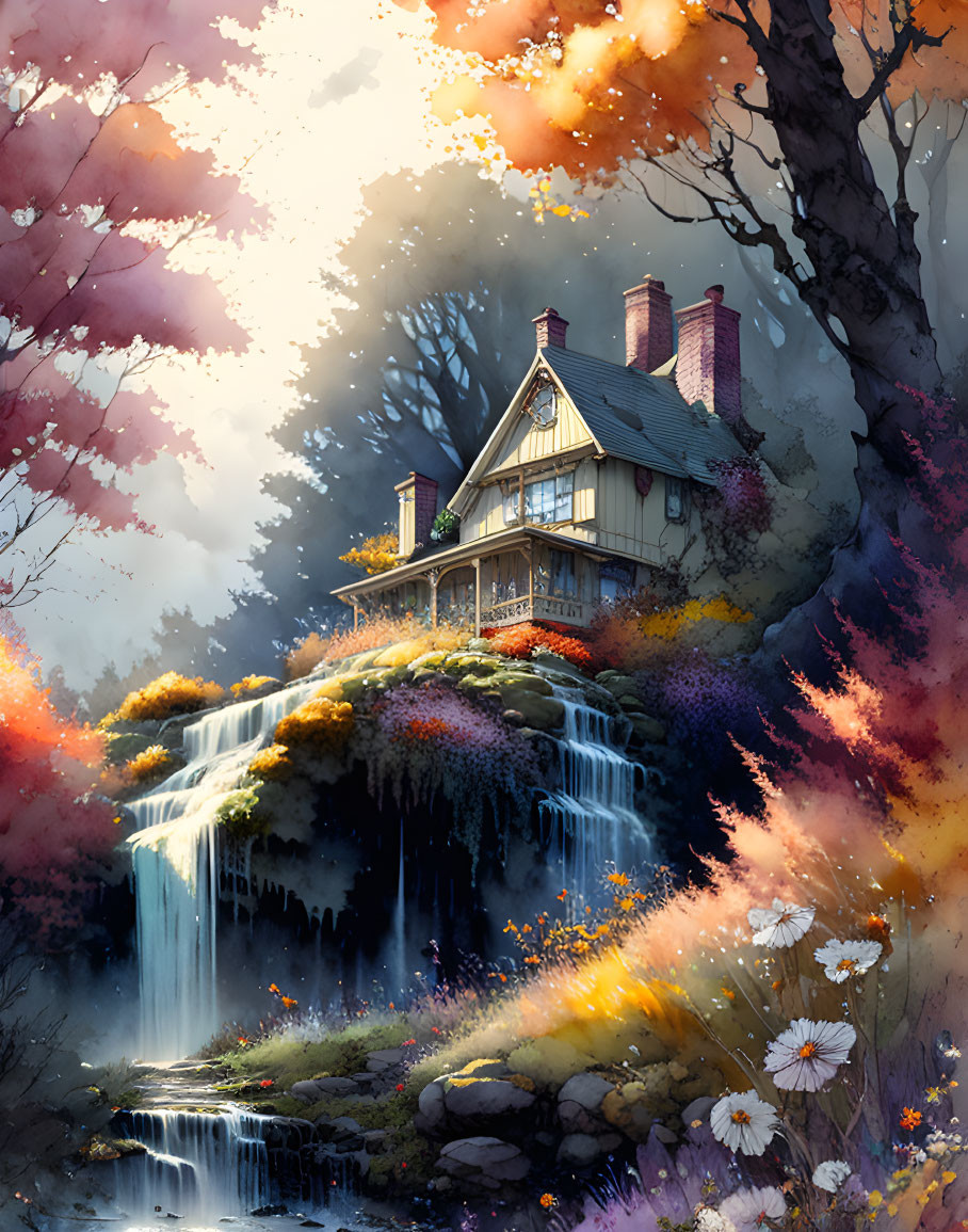 Autumnal landscape with house on waterfall and colorful flora.