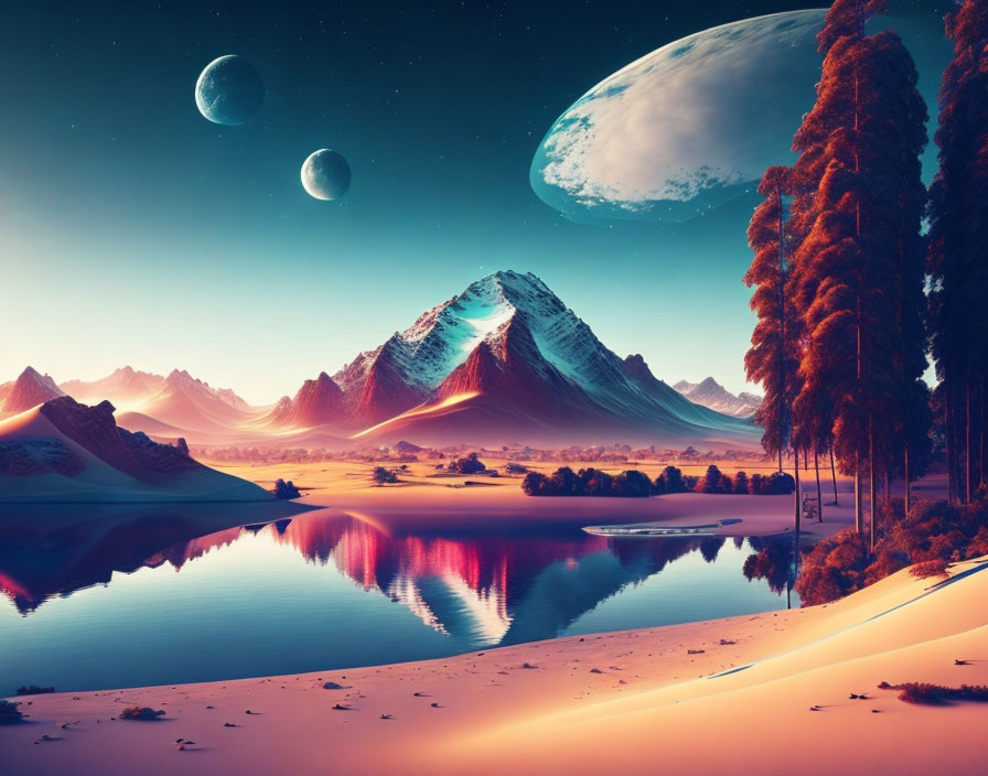 Twilight mountains by serene lakeside with celestial bodies and vibrant trees