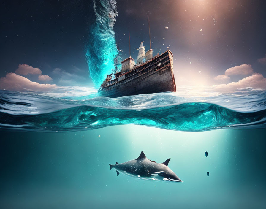 Surreal aquatic scene with split ship, shark, and cosmic whirlpool