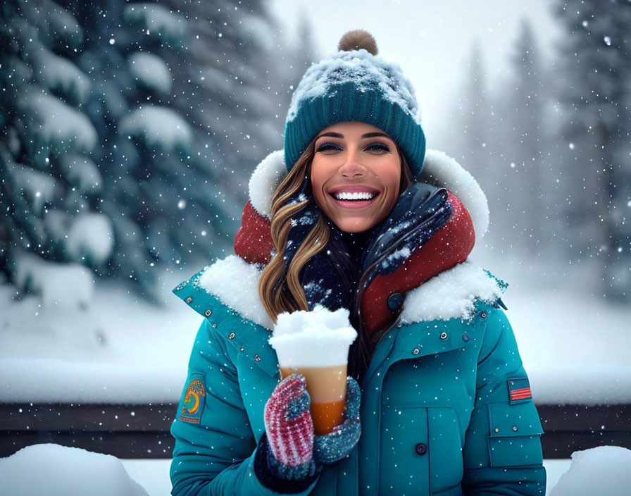 Smiling woman in blue winter jacket holding steaming drink in snowy setting