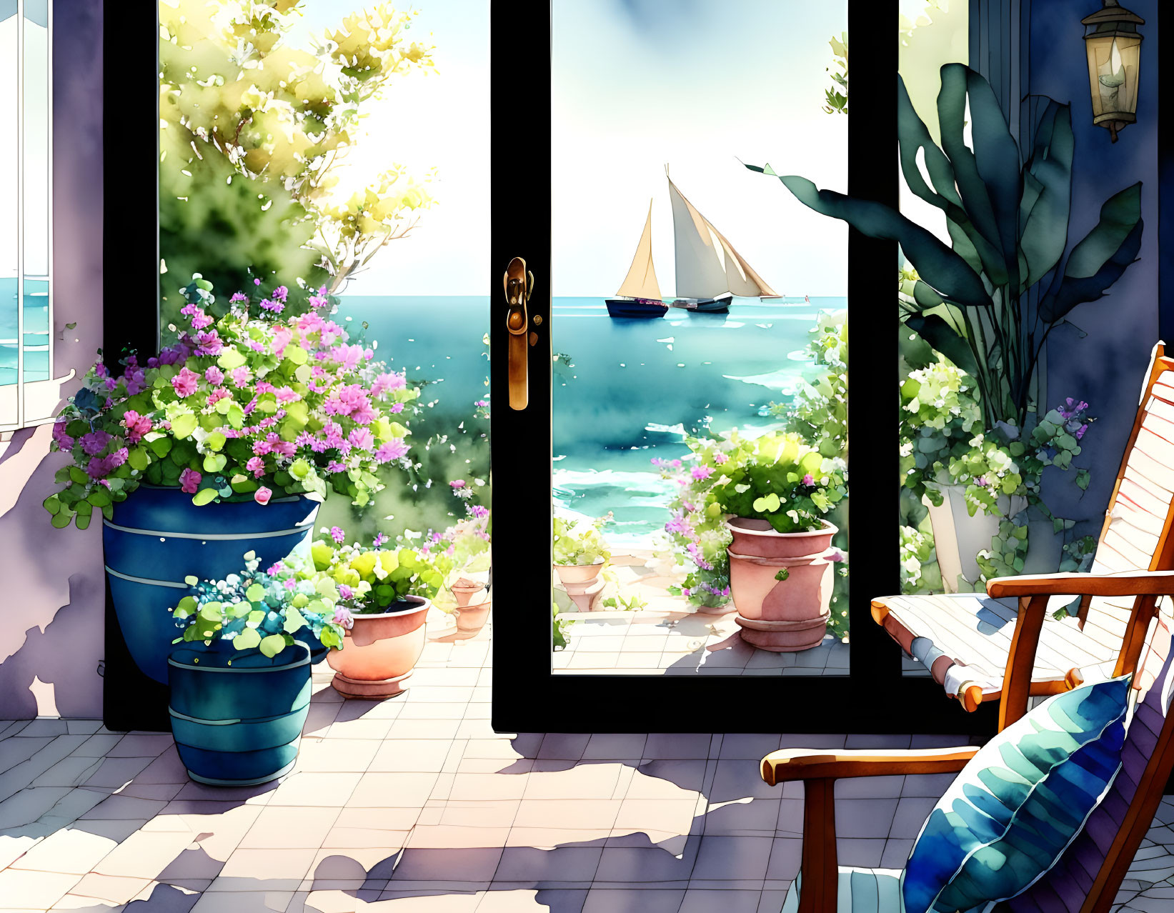 Tranquil balcony seascape with blooming flowers, chair, and sailboats