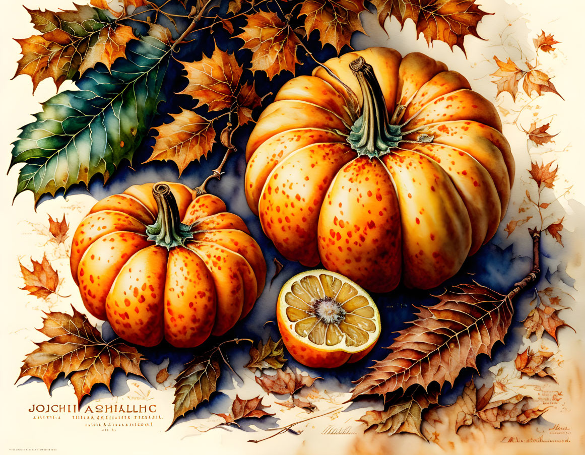 Yellow-orange pumpkins with slice cut out, autumn leaves on variegated blue backdrop