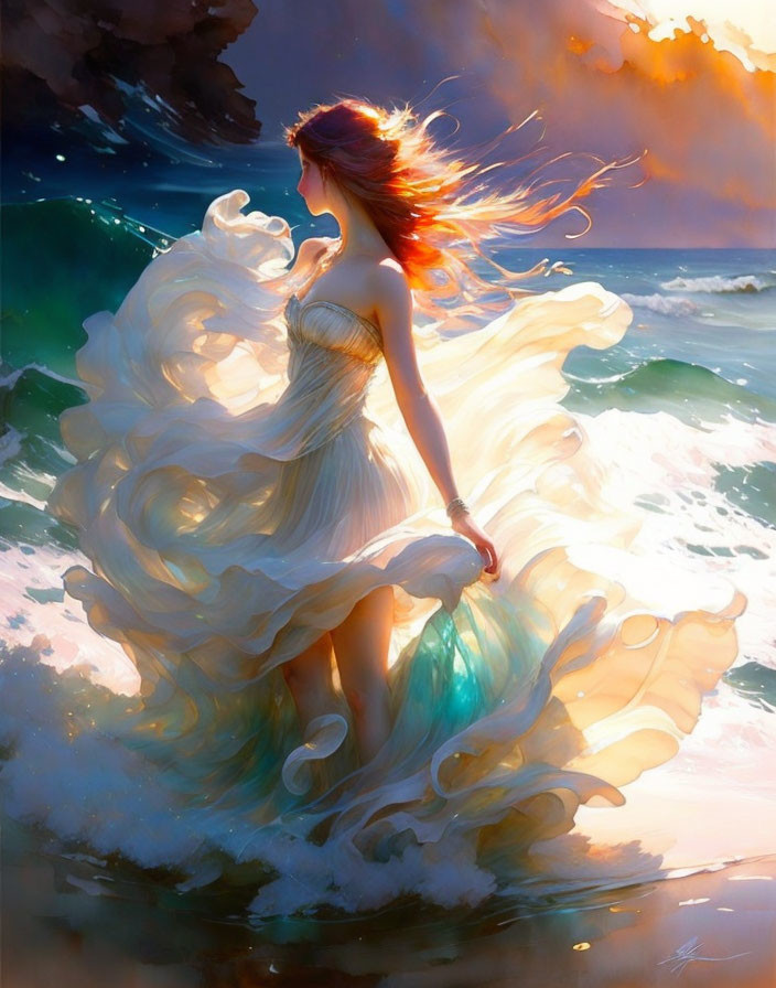 Red-haired woman in white dress on beach with crashing waves