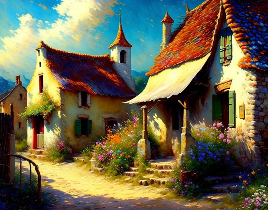 Charming village houses amidst colorful flowers and sunny sky