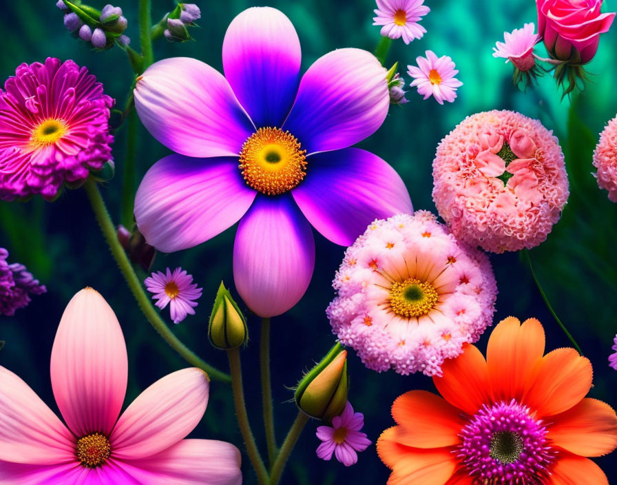 Colorful assortment of pink daisies, roses, and orange blooms on green background