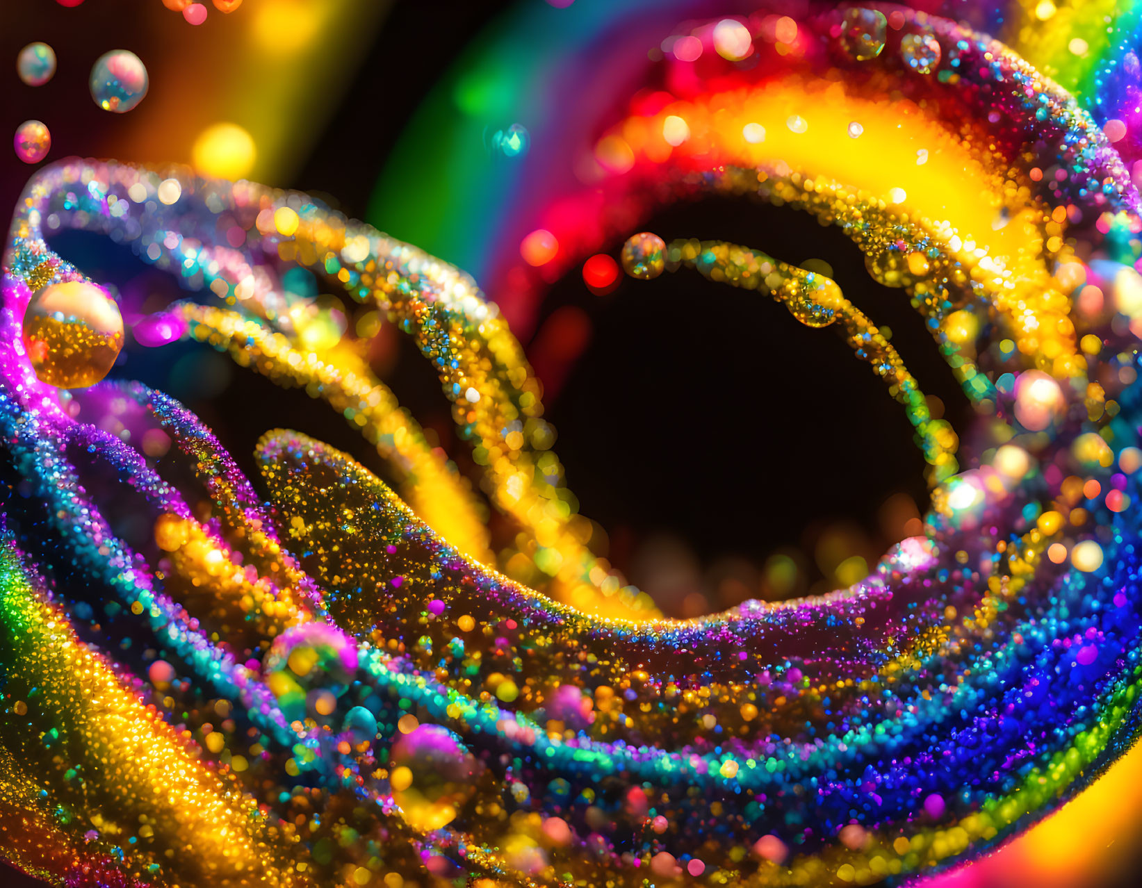 Colorful Glitter Swirls Close-Up with Bokeh Background