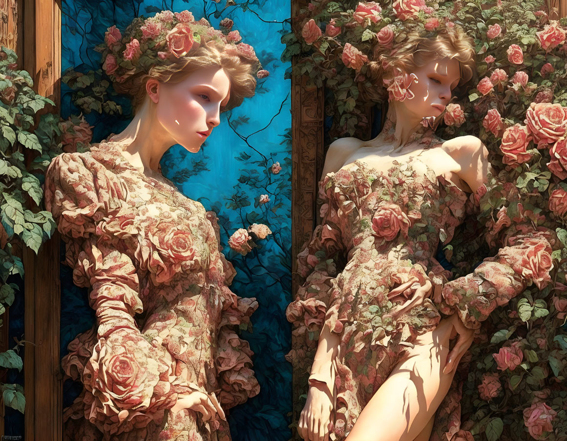 Woman in Rose Dress Poses by Floral Window