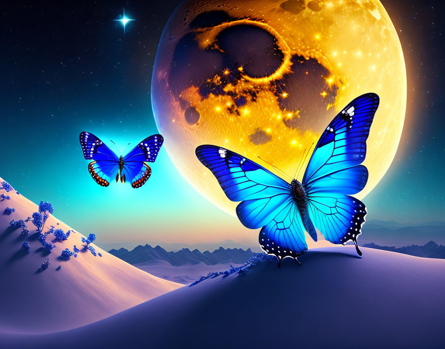 Vibrant blue butterflies on surreal snow landscape with textured moon