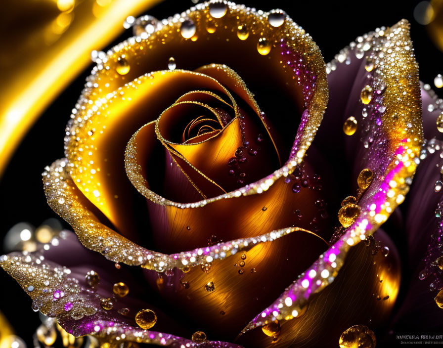 Golden rose with water droplets and glittering edges on dark backdrop.