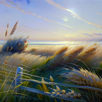 Tranquil beach sunset painting with swaying grasses