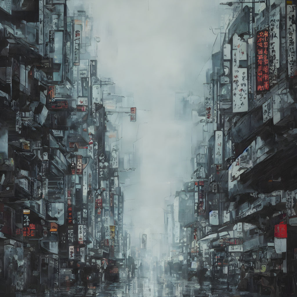 Moody rain-soaked street with high-rise buildings in dark palette