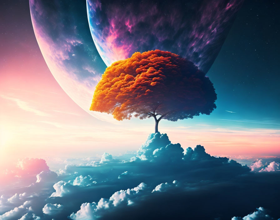 Vibrant tree on floating island with surreal planet and twilight sky