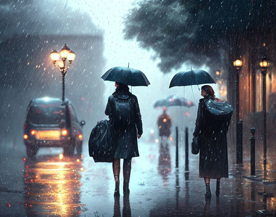 Rainy street scene: Two people with umbrellas walking under streetlights at dusk.