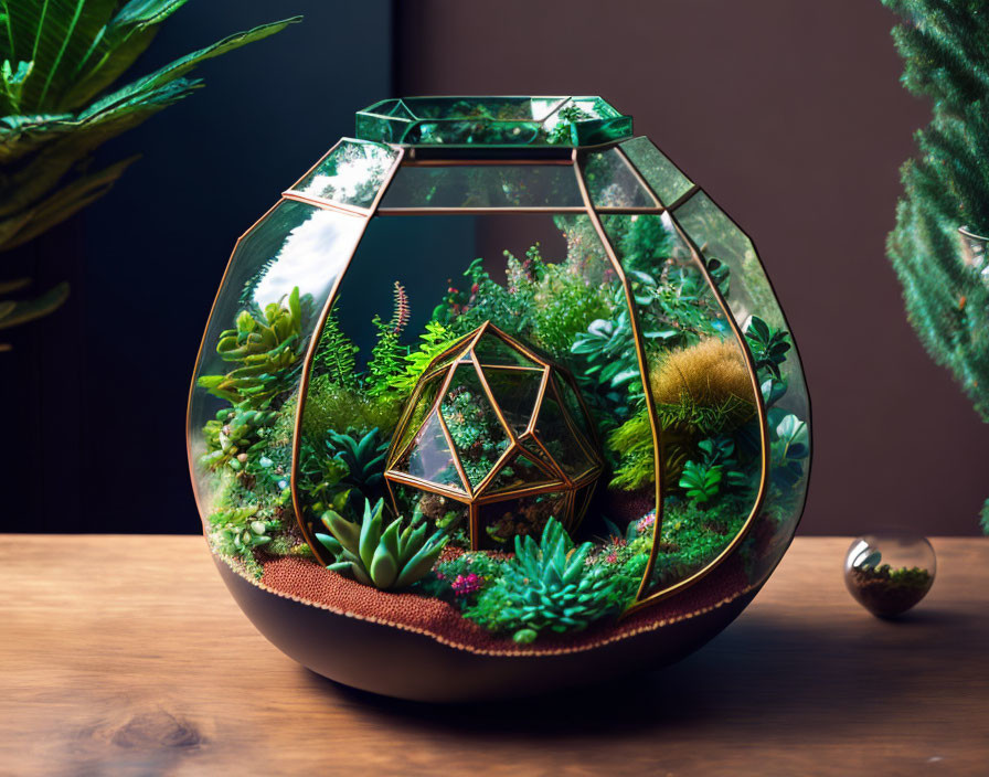 Lush Greenery Terrarium with Geometric Glass Sculpture on Wooden Surface