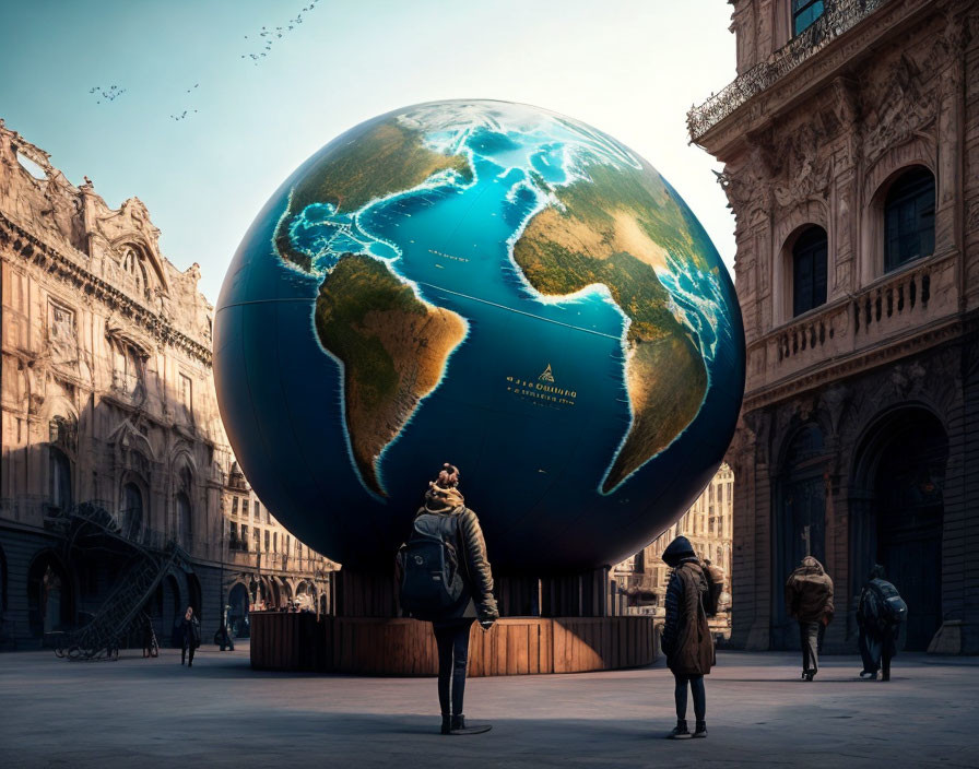 Oversized globe installation in classical courtyard with onlookers.