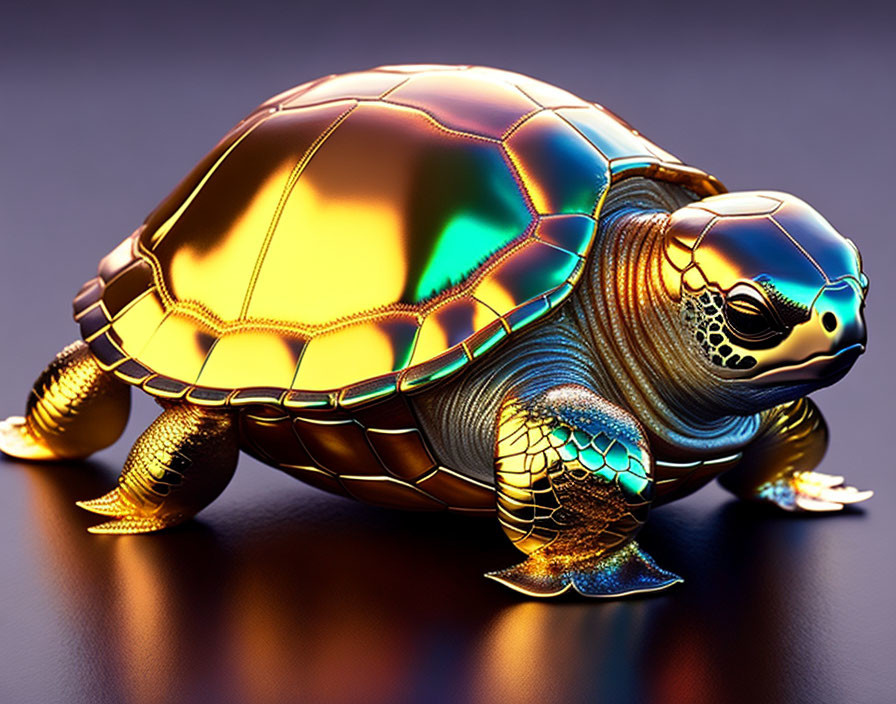 Metallic Turtle with Golden Shell on Purple Background