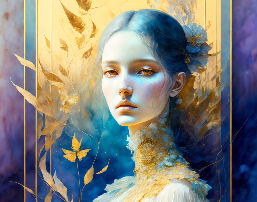 Digital Artwork: Ethereal Woman Among Golden Leaves on Blue Background