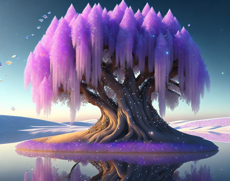 Majestic purple foliage tree by reflective water at twilight