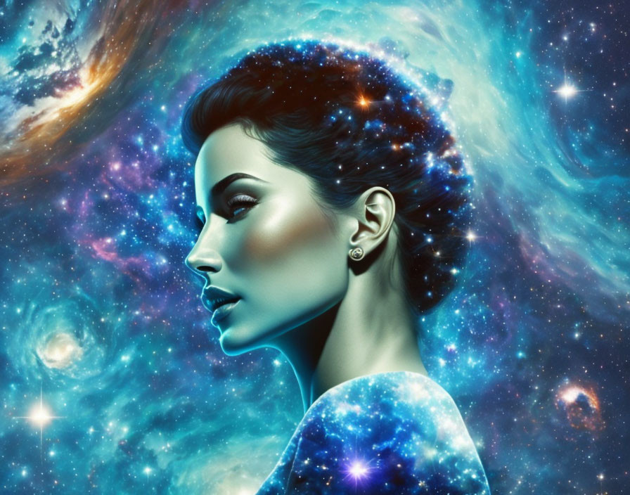 Vibrant surreal portrait of a woman with cosmos-themed hair merging with starry space background