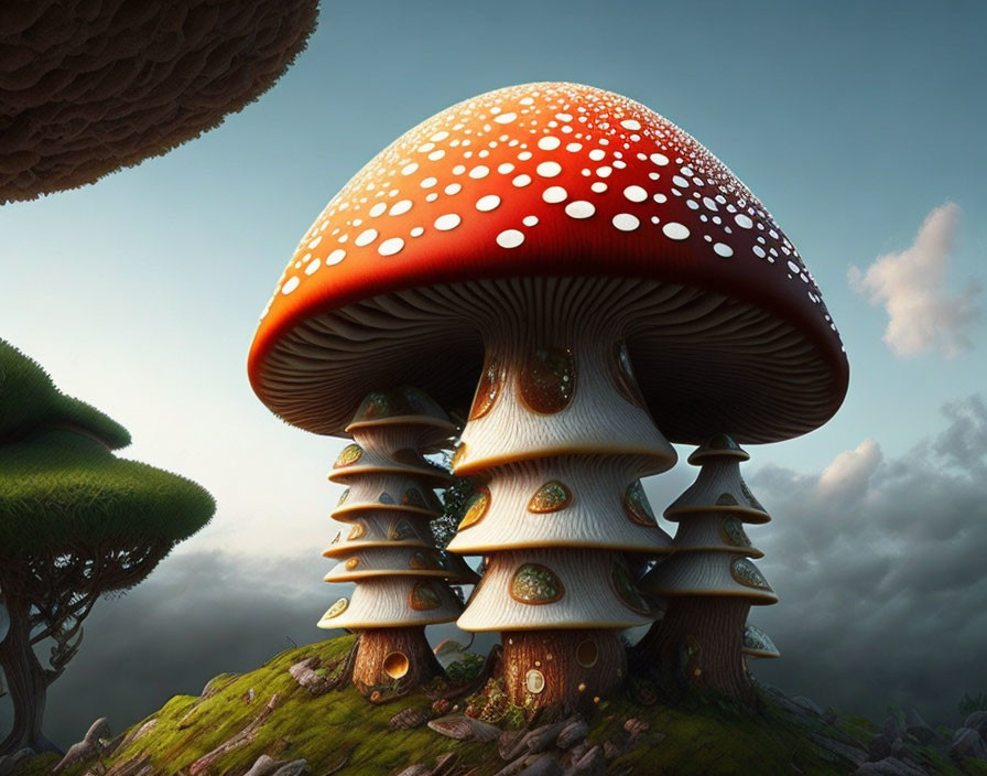 Fantasy landscape with oversized red mushroom houses under giant cap in whimsical sky