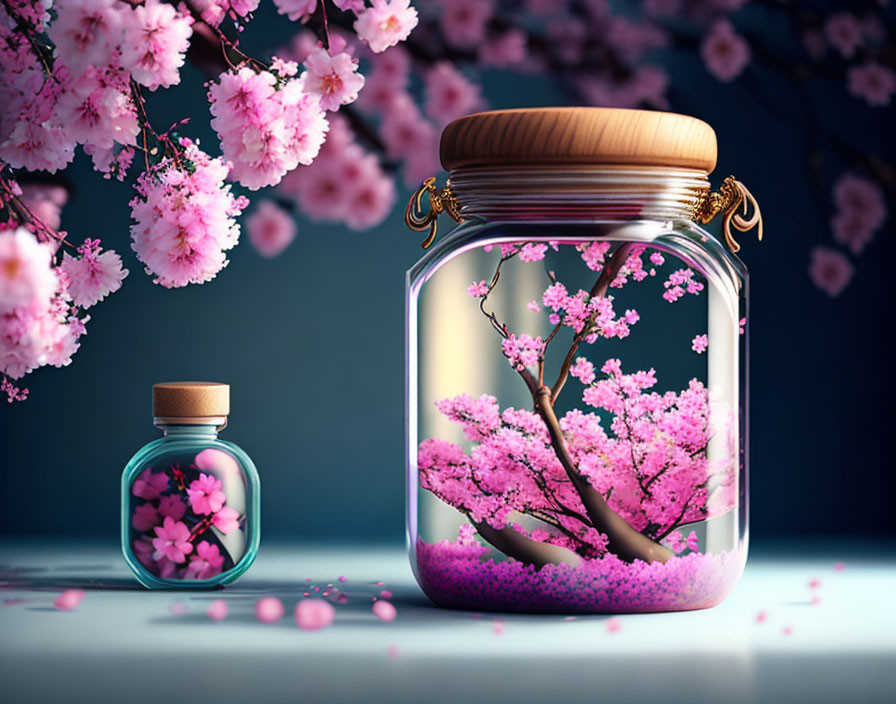 Glass Jar with Pink Cherry Blossom Tree and Petals on Reflective Surface