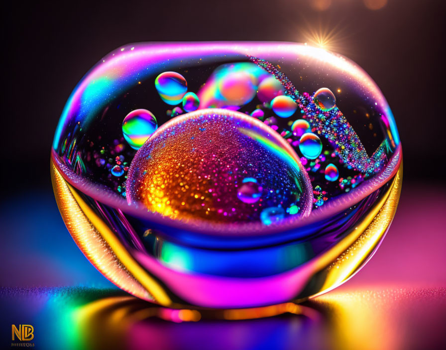 Colorful Glass Sphere Close-Up with Water Droplets on Dark Background